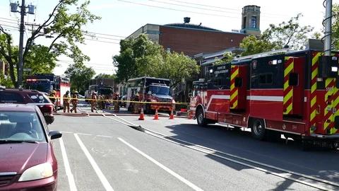 Firetruck, perimeter, firefighters Stock Footage 114814332