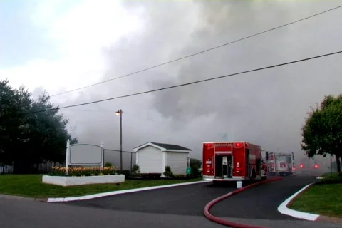 Firetrucks at a Massive Fire Stock Footage 373860