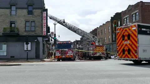 Firetrucks in the street during fire Stock Footage 139664308