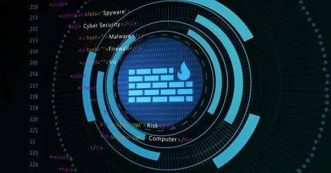 Firewall and cybersecurity image over binary code and digital interface Stock Photos