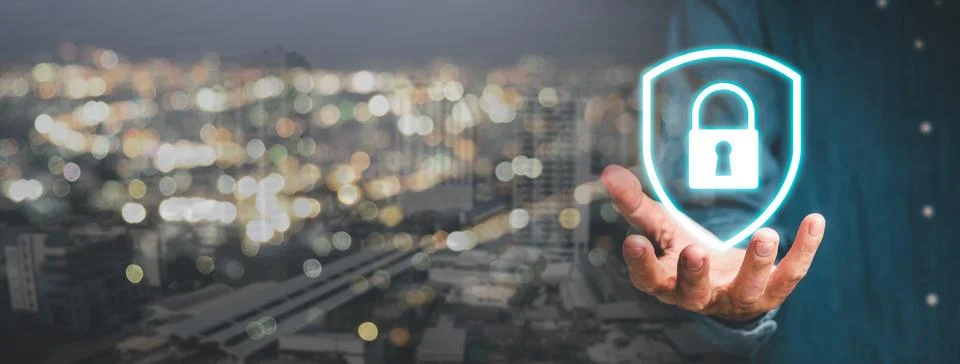Firewall and internet security concept, Person hand holding VR screen prote.. Stock-Fotos