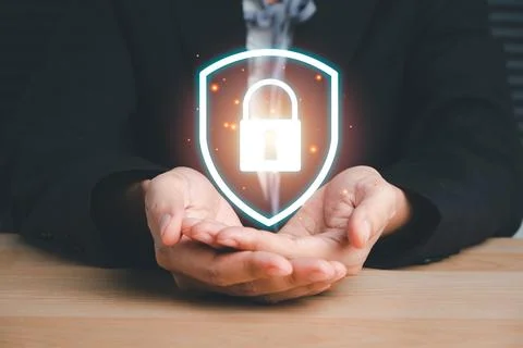 Firewall and internet security concept, Person hand holding VR screen prote.. Stock-Fotos