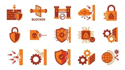 Firewall and network defense abstract orange vector icons. Stock Illustration