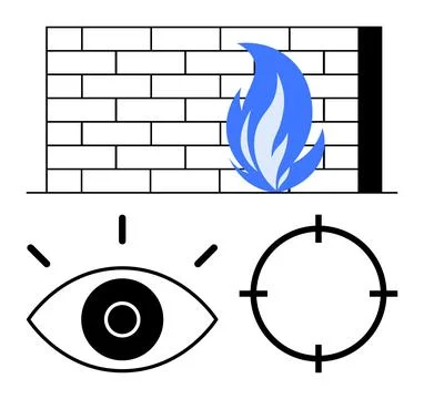 Firewall with blue flame, eye with rays, and crosshair target. Ideal for cybe Illustrazione stock