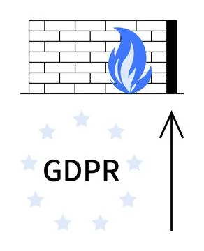 Firewall with Blue Flame, Upward Arrow, GDPR Text in European Stars Circle .. Stock Illustration