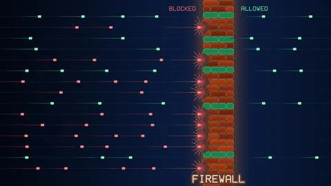 Firewall brick wall blocking red data packets, green traffic passes Иллюстрация