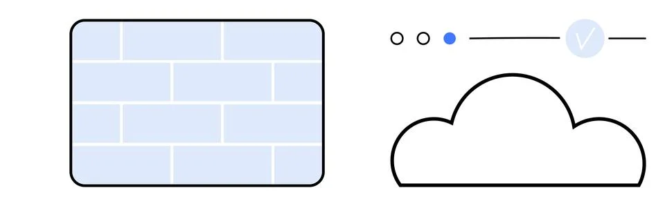 Firewall brick wall with cloud outline, status indicators, loading bar with b Stock Illustration