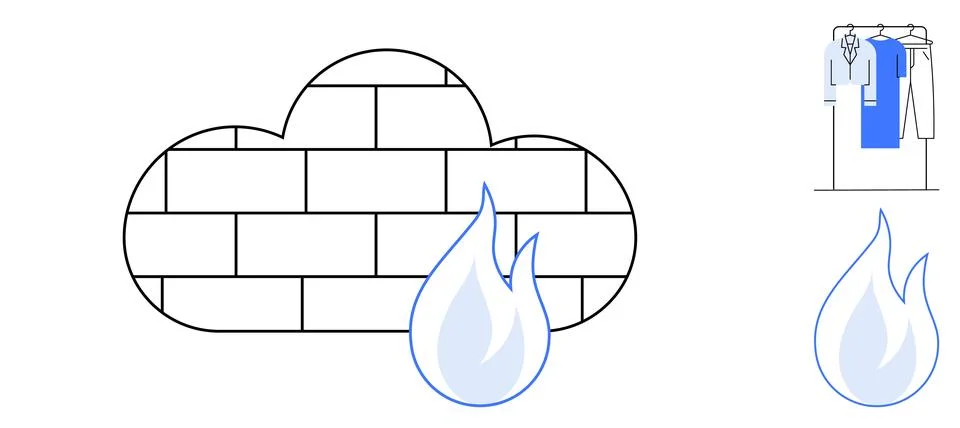 Firewall cloud with brick pattern and flame icons alongside clothes on a rack イラスト素材