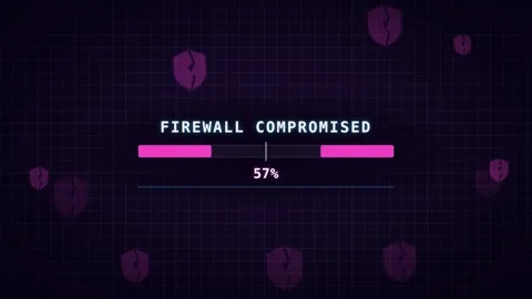 Firewall compromised broken shield neon violet cyber threat loop Stock Footage 343535820