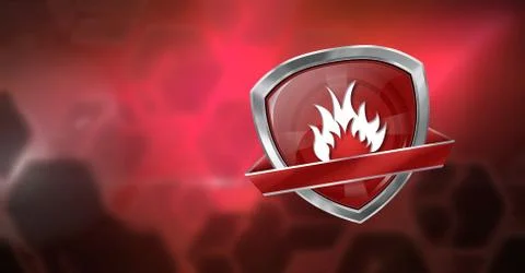 Firewall flame shield icon on red blurred background Stock Illustration