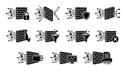 Firewall icon set with data flow, shield, lock, filter, and protection conc.. Stock Illustration