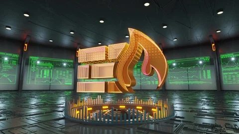 Firewall icon surrounded by data screens appears in the middle of hi-tech room Stock Footage 86906754