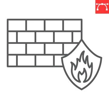 Firewall line icon, security and protection, fire with brick wall vector icon, Stock Illustration