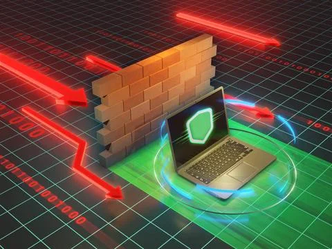 Firewall protecting a laptop from cyber attacks Laptop behind a firewall, ... Foto stock