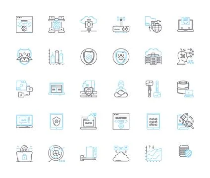 Firewall protection linear icons set. Security, Block, Access, Monitor, Privacy Ilustración de archivo