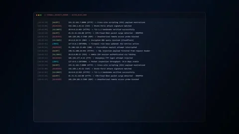 Firewall Security Daemon Terminal Screen with Real-Time Cyber Attack Logs Stock Footage 344829733