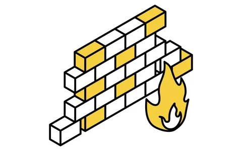 Firewall security protection isometric line icon with brick wall and shield.. Stock Illustration