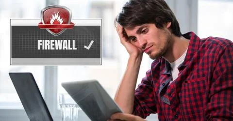 Firewall security protection shield and man on computer Stock Photos