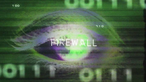 Firewall text animation over digital eye and binary code background Video stock 304019399
