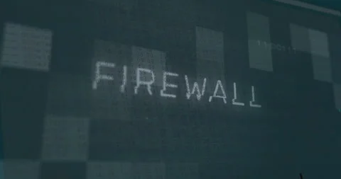 Firewall text animation over digital code and data blocks background Stock Footage 304021758