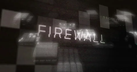 Firewall text with digital patterns and binary code animation in dark theme Stock Footage 303420012