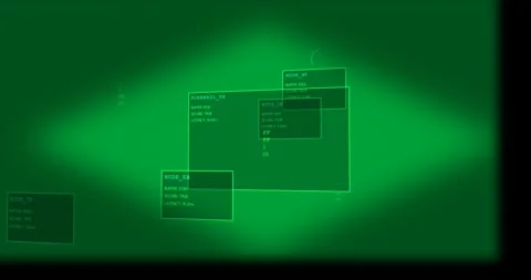 FIREWALL_V4 pulsing on ping over transparent workspace, NODE_49 expanding, Video stock 327352781