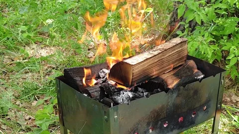 Firewood burning in barbecue Stock Footage 129521979