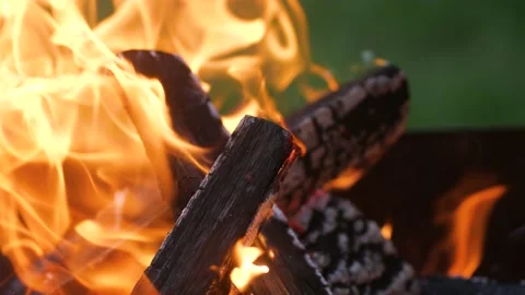 Firewood is burning in the brazier. Blurred background of green grass and iron Video stock 198060841