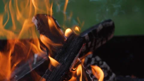 Firewood is burning in the brazier. Blurred background of green grass and iron Stock-Footage 199238939