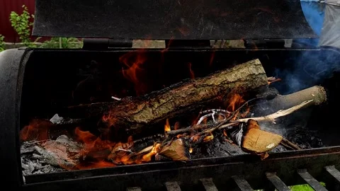 Firewood is burning in the grill. Preparing coals for cooking meat over a fire. Stock Footage 153690301