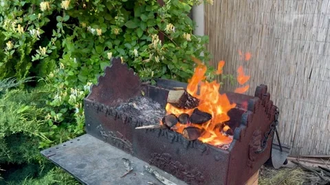 Firewood is burning inside the roaster. Moment before  cooking kebabs. Stock Footage 280406512