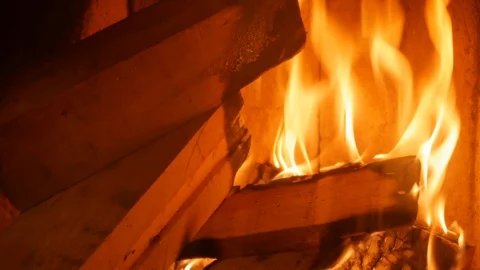 Firewood burns in the fireplace Stock Footage 100756247