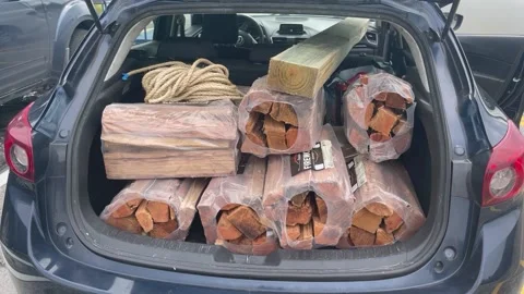 Firewood in a car trunk Vídeos de archivo 180518284
