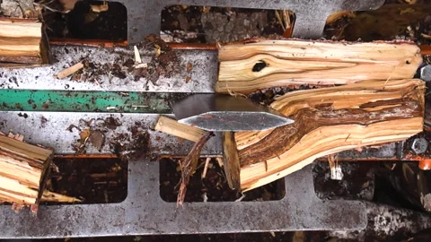 Firewood Log Splitter Cutting Pine Wood From Above Stock Footage 326356066