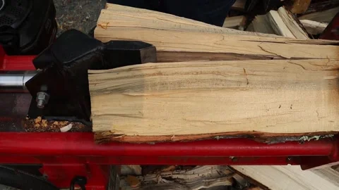 Firewood log splitting using a gas powered wood splitter Stock Footage 242619710