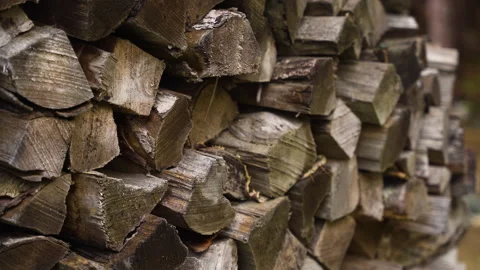 Firewood log stack for wood stove detial macro shot (4k 30p) Stock Footage 156858124