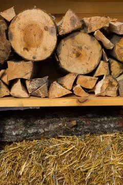 Firewood Logs and Straw Stack 库存照片