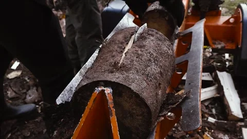 Firewood Processor Splitting Large Log With Hydraulic Power Outdoors Stock Footage 328497009