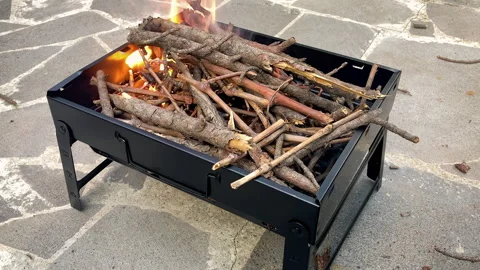 Firewood, small branches in the Grill. Prepare Heat Flame For Roasting Meat Stock Footage 251890215