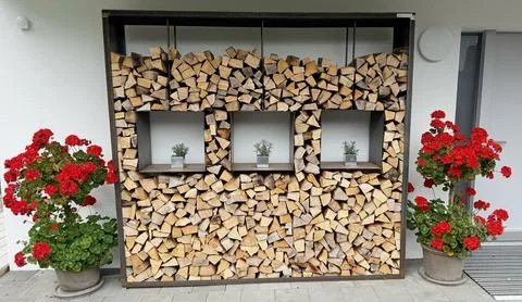 Firewood stack with red flowers beside entrance cozy rustic home autumn Stock Photos