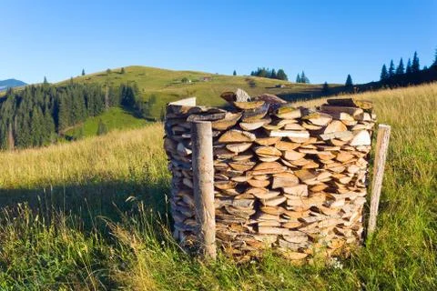 Firewood stack on summer mountains Stock Photos