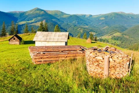 Firewood stack on summer mountains Foto stock