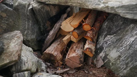 Firewood stacked neatly under protective stone shelter Stock Footage 334129732