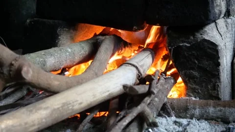 Firewood is used for cooking using a traditional stove. firewood fire Stock Footage 301490847