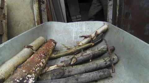 Firewood in a wheelbarrow. 4K. Stock-Footage 48346903