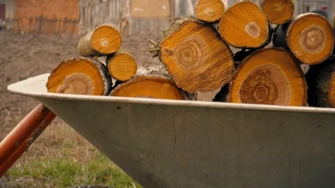 Firewood in a wheelbarrow. Close-up. Background. Stock Footage 126923613