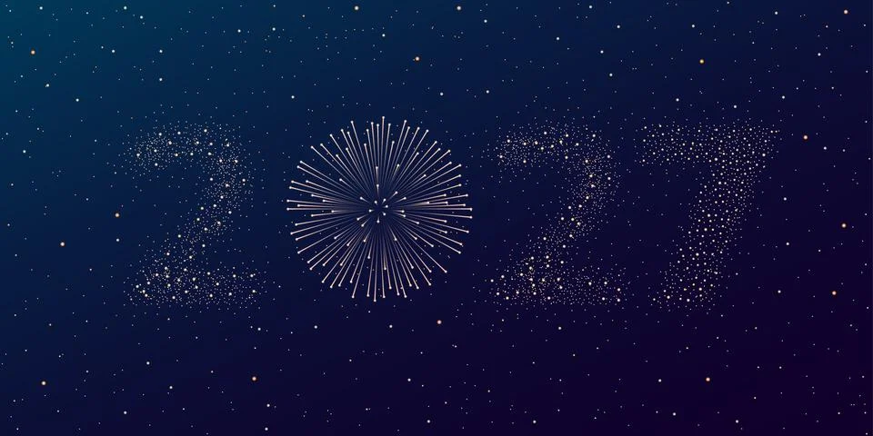 Firework 2027 New year concept on violet and blue night starry sky background. Stock Illustration