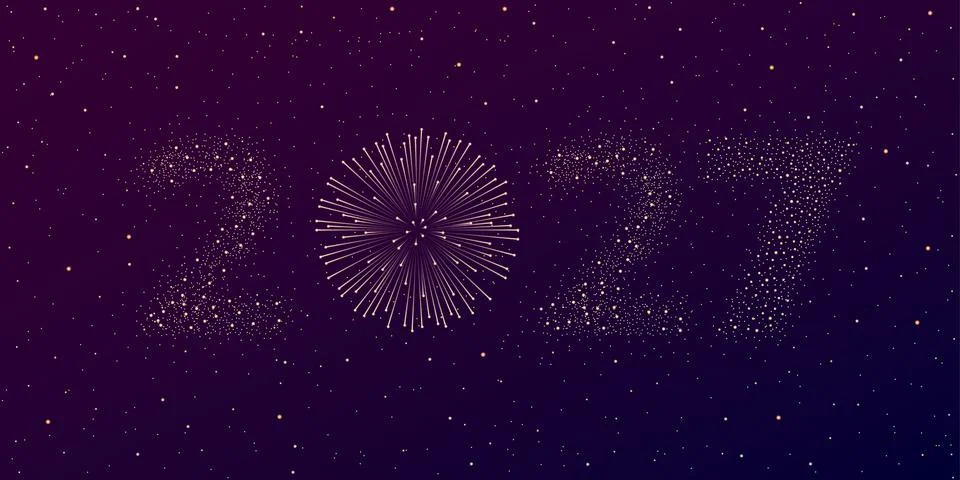 Firework 2027 New year concept on violet and blue night starry sky background. Stock Illustration