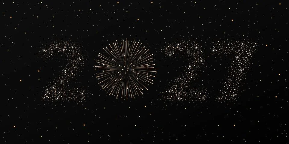 Firework 2027 New year concept on black and grey night starry sky background. Stock Illustration