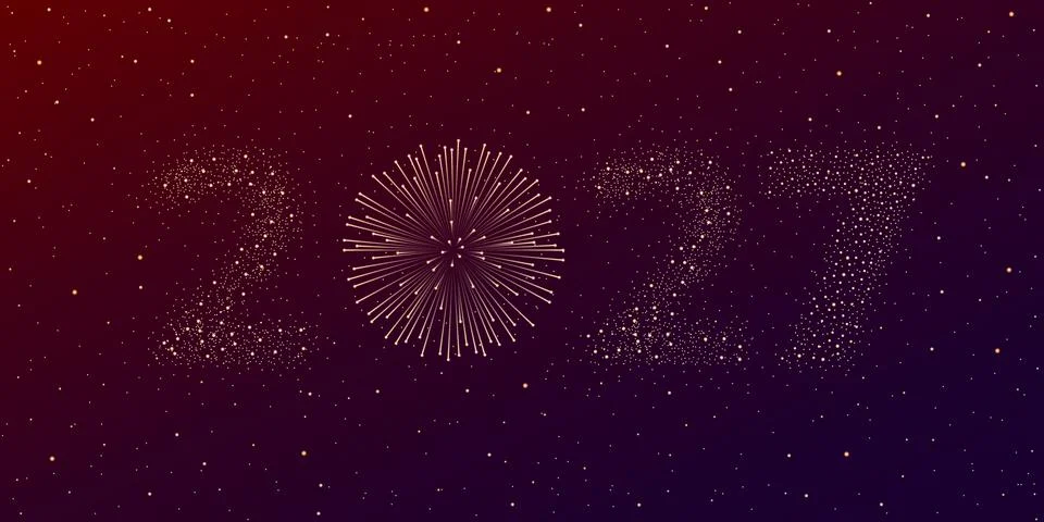 Firework 2027 New year concept on violet and red night starry sky background. Stock Illustration